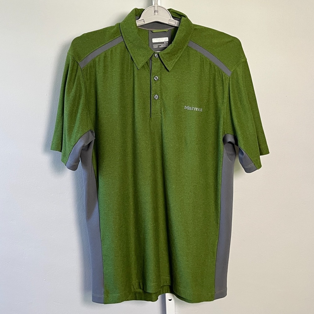 Marmot Polo Shirt Mens M Short‎ Sleeve Green & Gray Outdoor Golf Work Casual